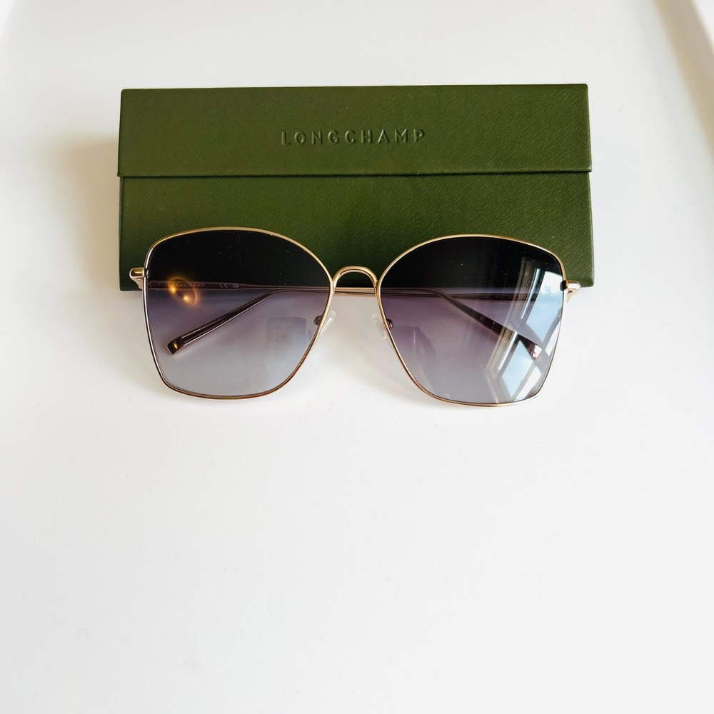 Longchamp Gold Frame Butterfly Sunglasses with Dark Blue Lenses